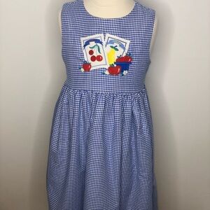 Vtg fast Friends girls blue herringbone fruit embroidered jumper dress sz 6